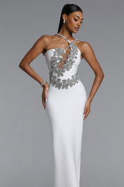Veronic Glamorous Contour Halter Cut Out Rhinestone Floral Bandage Maxi Dress